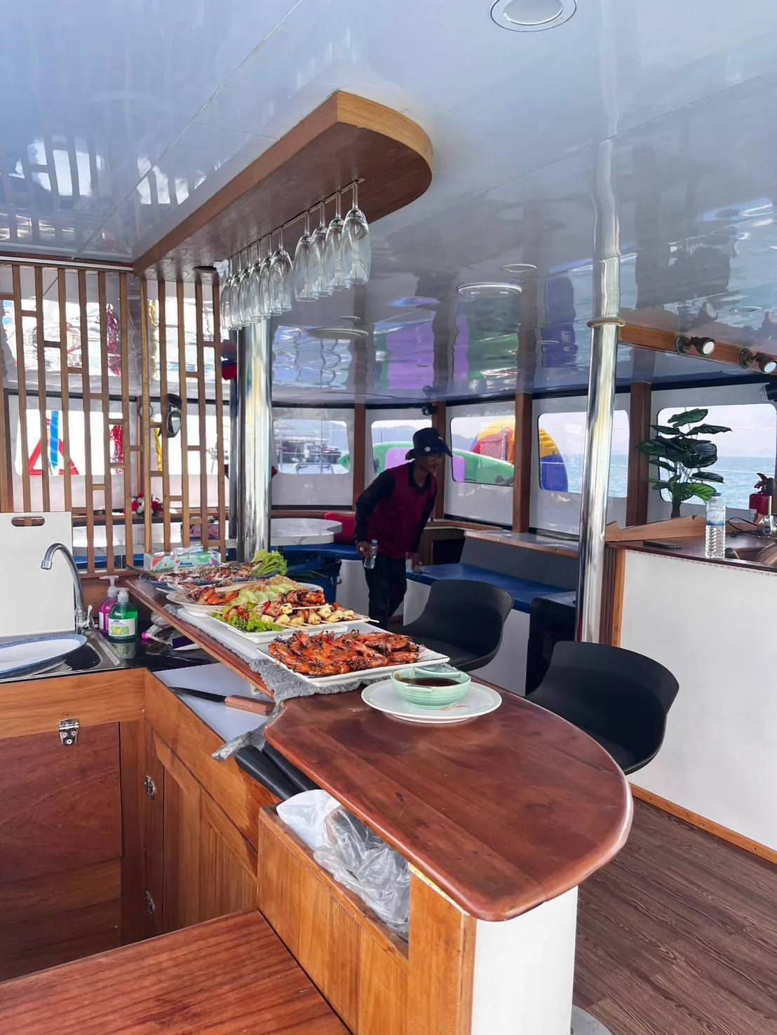 Grilled seafood BBQ buffet prepared on board a private boat charter